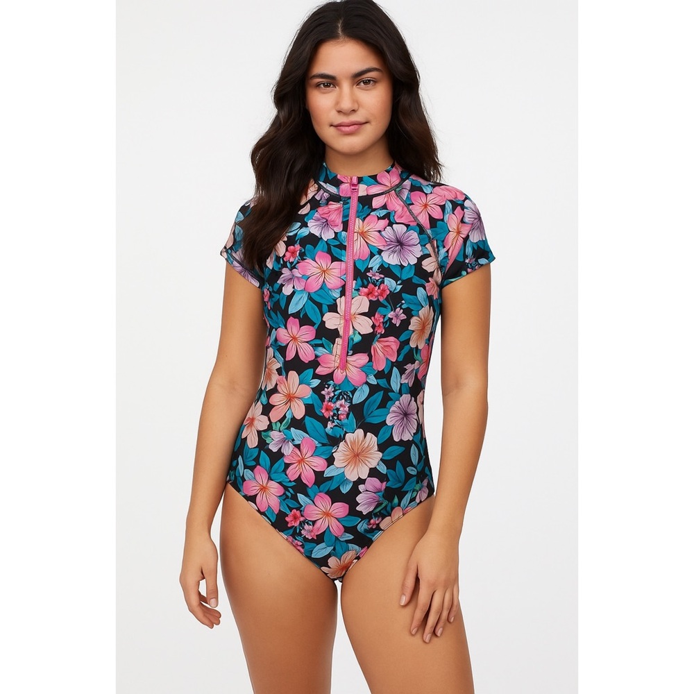 Pipeline Gear Hawaiian Floral Tropical Sporty Rashguard One Piece Swimsuit